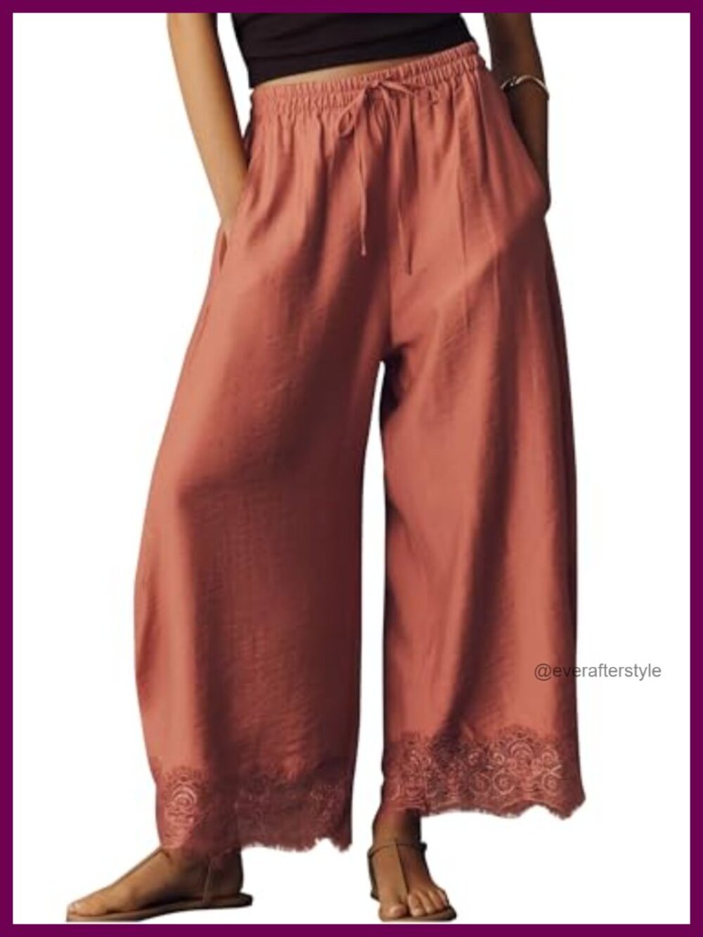 Wide Leg Cropped Lace Hem Pants Drawstring Waist Pockets